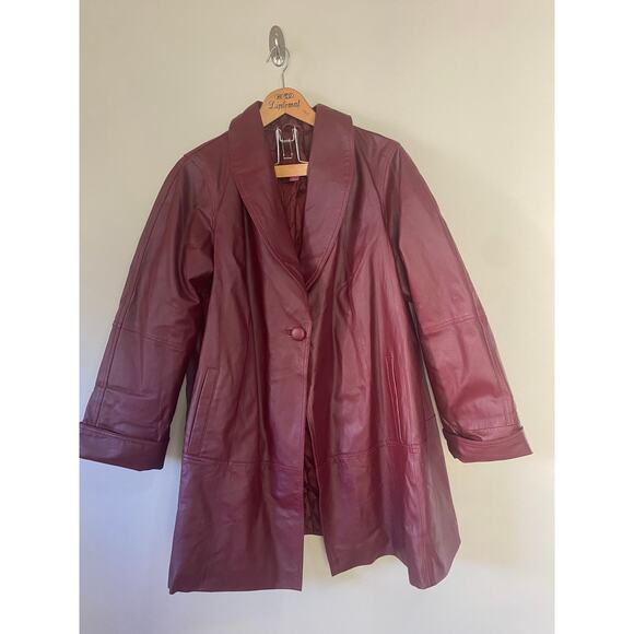Woman Within Retro Burgundy Red Leather Jacket Size 16 Quilted Lining - Picture 2 of 5